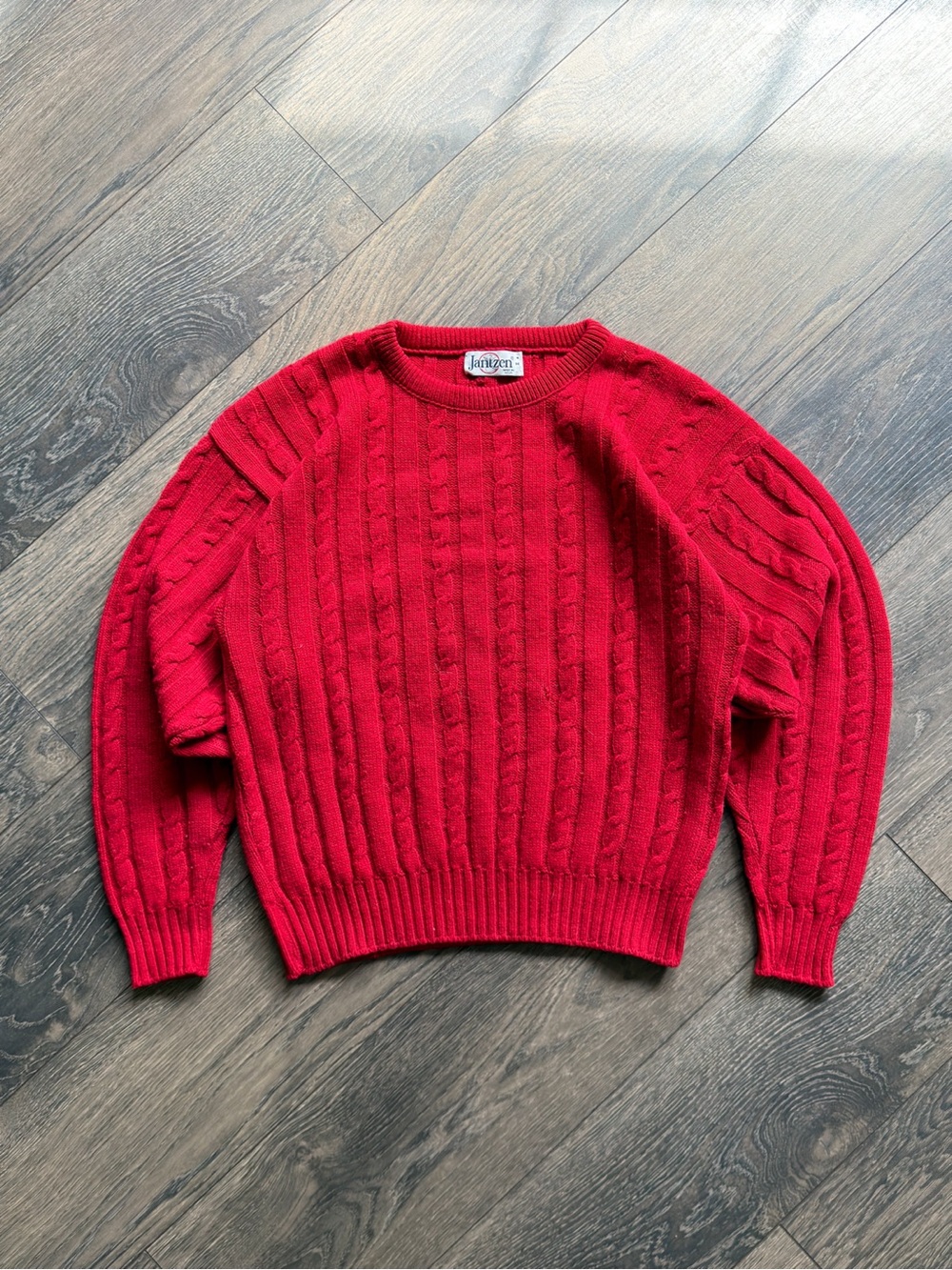 Jantzen Men’s Medium Cable Knit Sweater Red Crewneck USA Made Vintage 80s